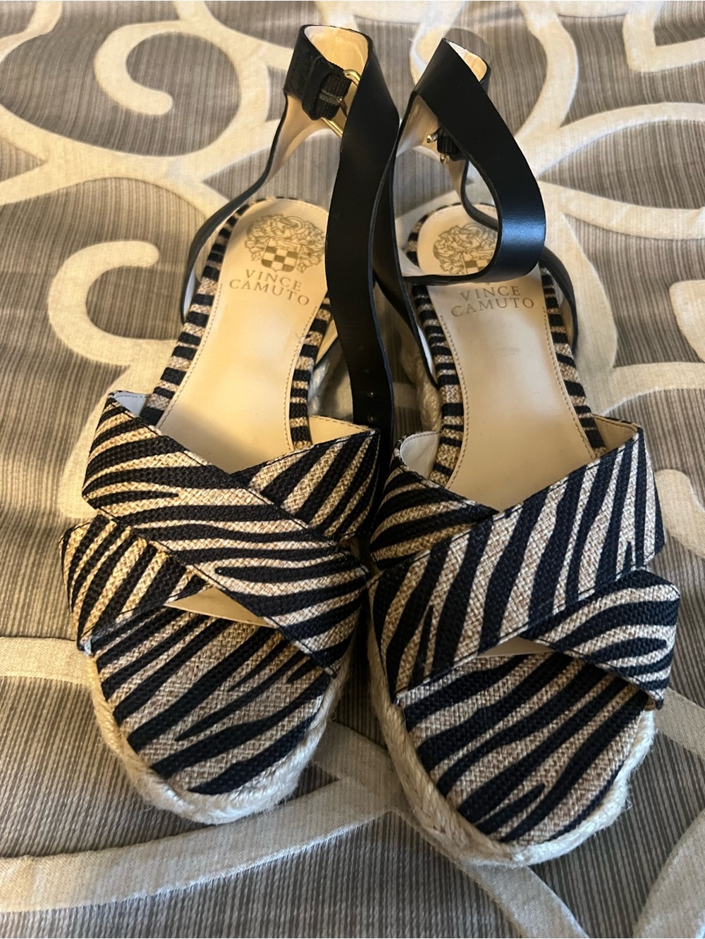 Vince Camuto Black & Cream Striped Espadrille Wedge Sandals